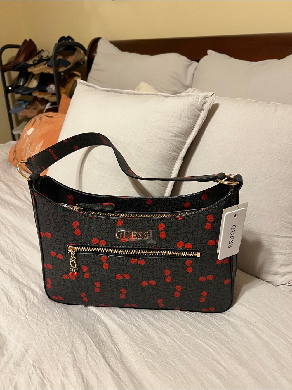 GUESS Black Shoulder Bag with Red Cherry Accent